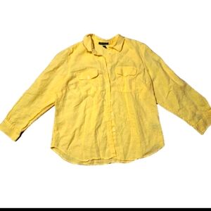 Lauren Ralph Lauren 2X Bright Yellow Button Up Top 100% Linen Roll Tab Beachy